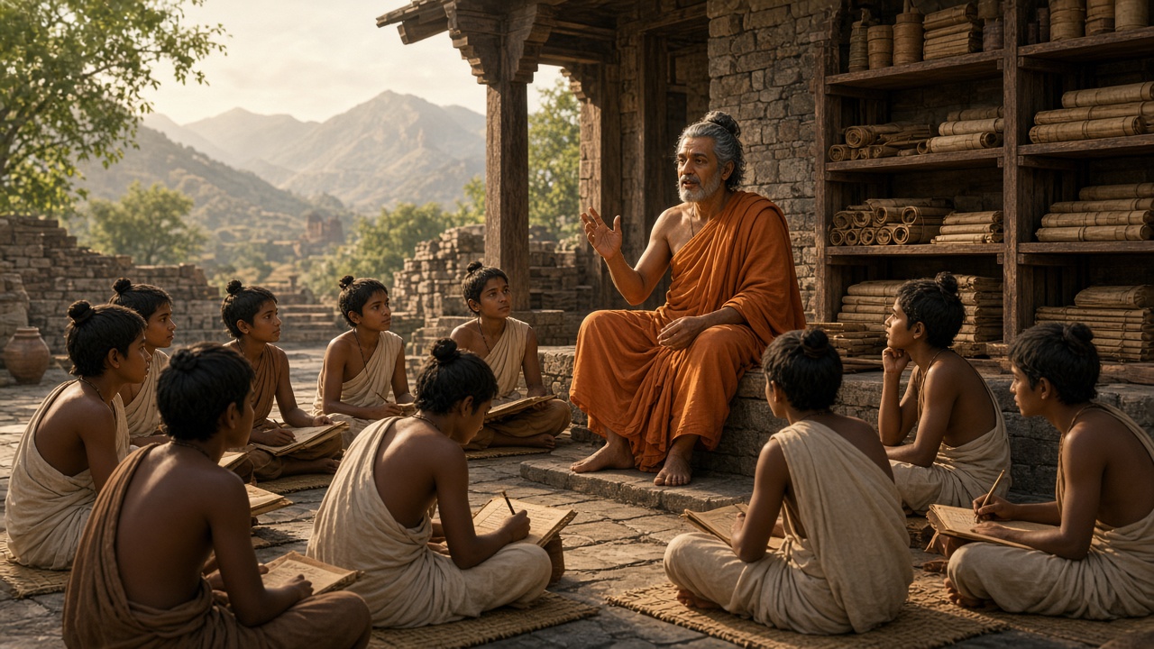Ancient Indian teacher in ochre robes teaching students seated on mats in a stone courtyard, with palm-leaf manuscripts on shelves and hills behind