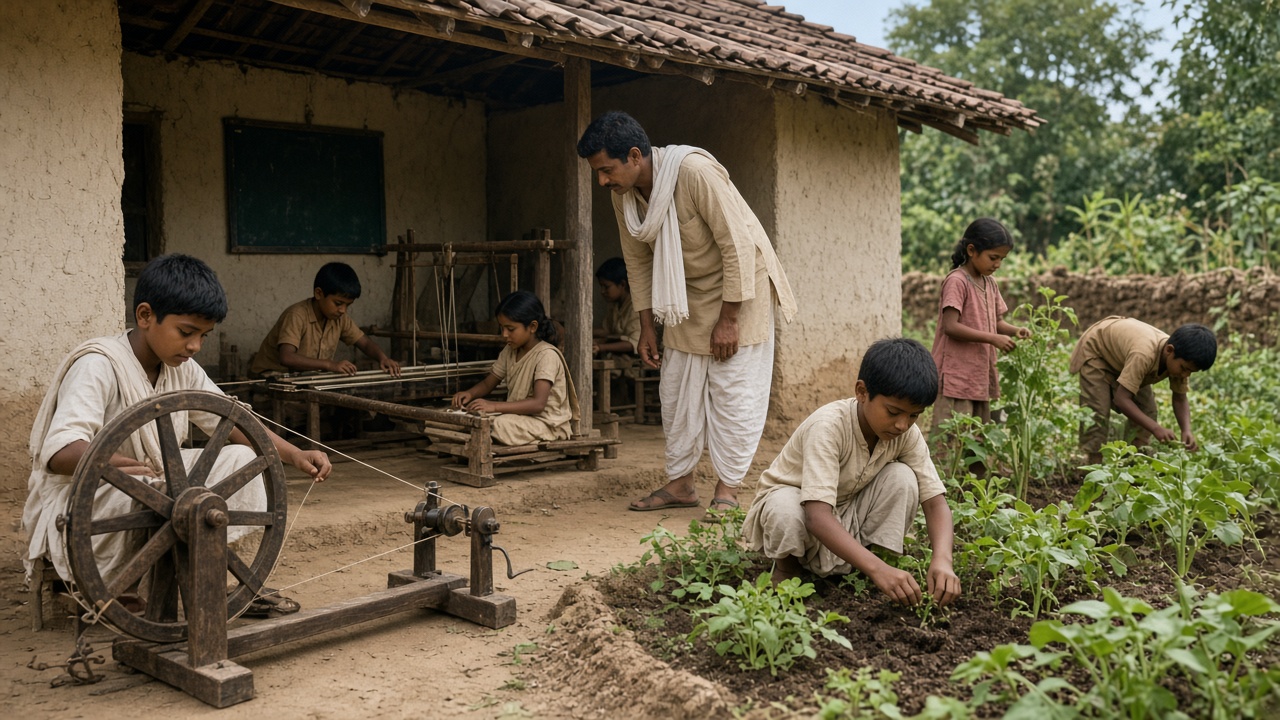 1950s Indian village basic school where children in khadi spin on charkhas, weave, and tend a vegetable garden guided by a teacher