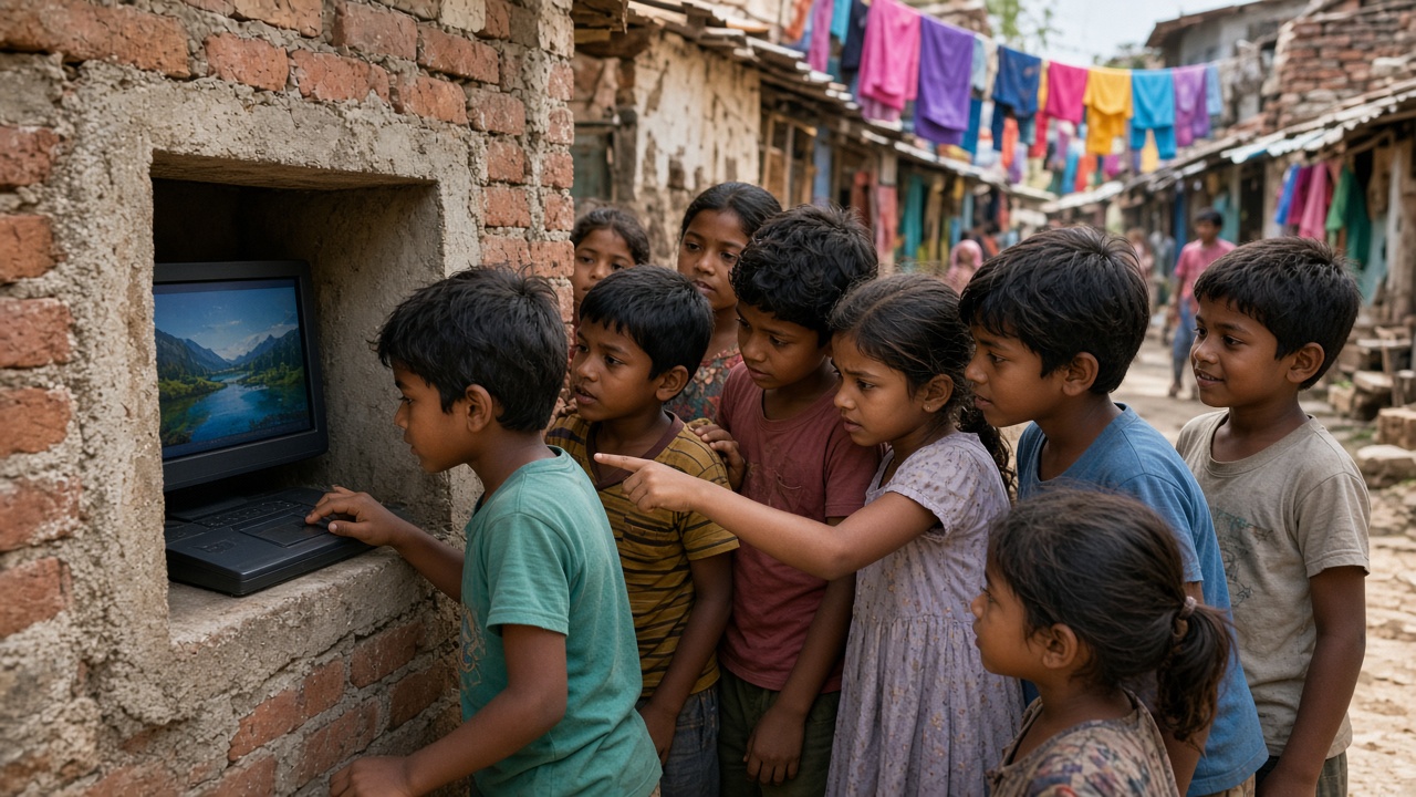 Curious Indian children in a slum lane crowding around a computer set into a brick wall and exploring it by themselves