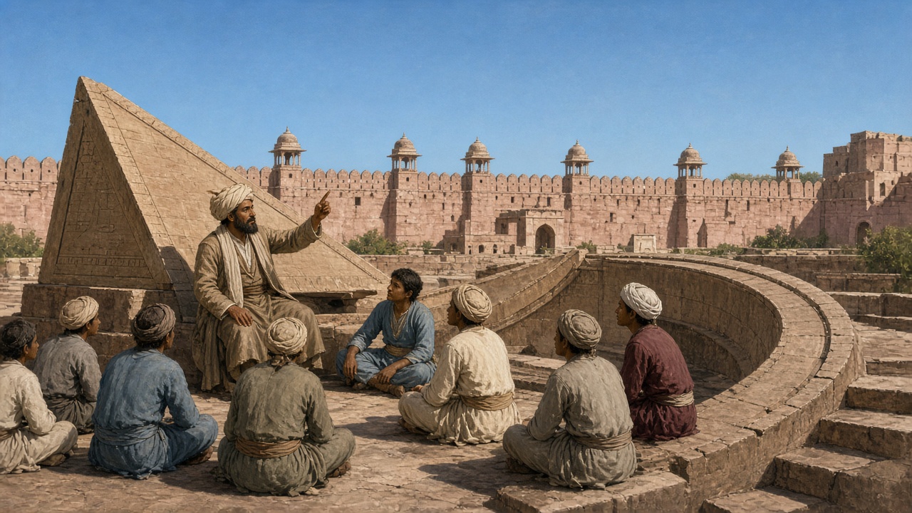 18th-century Indian scholar in a turban teaching astronomy to students beside giant stone instruments of an open-air observatory with sandstone walls