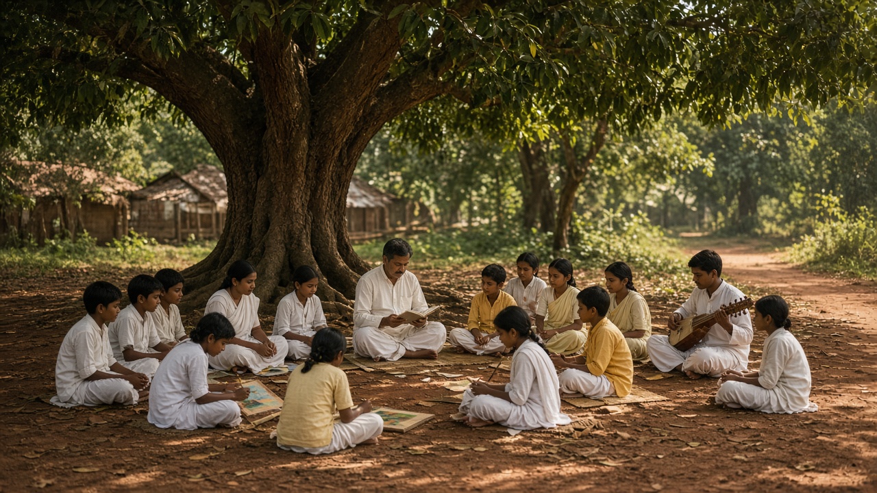 Early 20th-century open-air school with students in white and yellow sitting in a circle under large trees while a teacher reads and students paint and play music