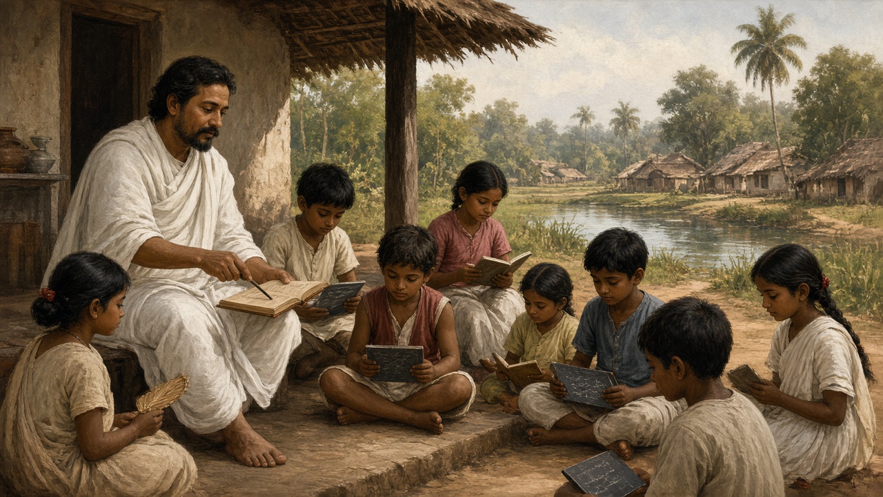 19th-century Bengal reformer-teacher in white dhoti teaching village boys and girls to read from primers and slates on a verandah near a pond