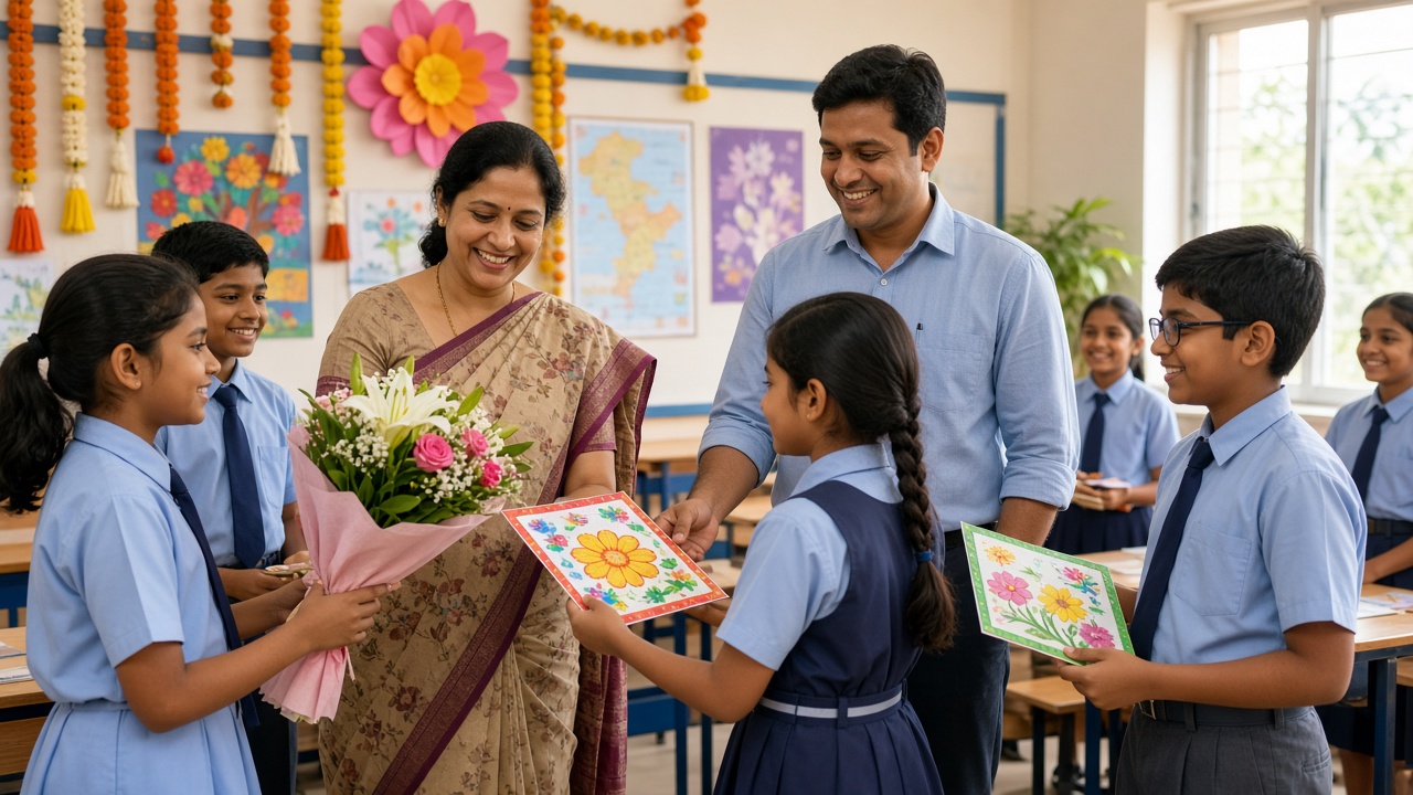 Indian school students in uniforms presenting flowers and handmade cards to smiling teachers in a classroom decorated with marigold garlands