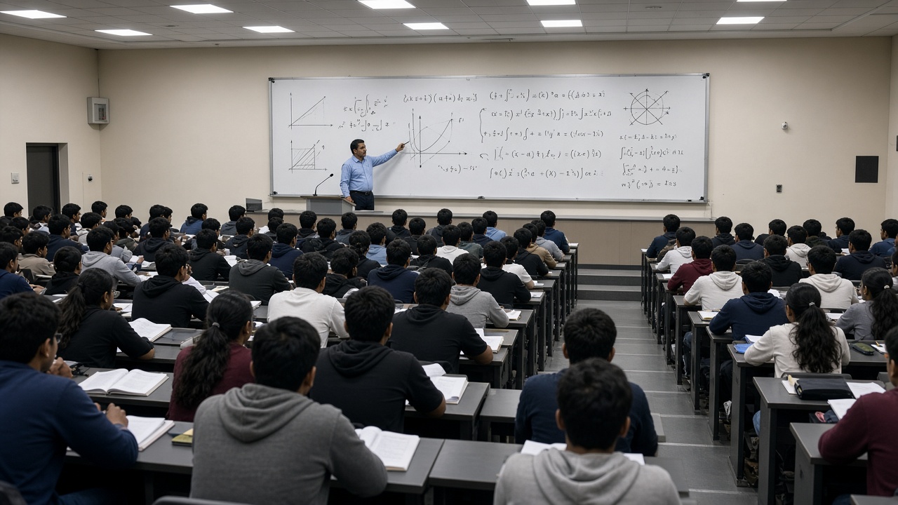 Large coaching institute lecture hall in Kota with hundreds of students and a teacher explaining physics equations