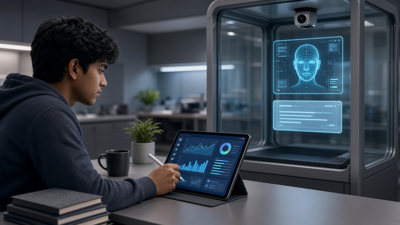 Student using an AI study assistant on a tablet beside a secure exam booth with face-recognition camera