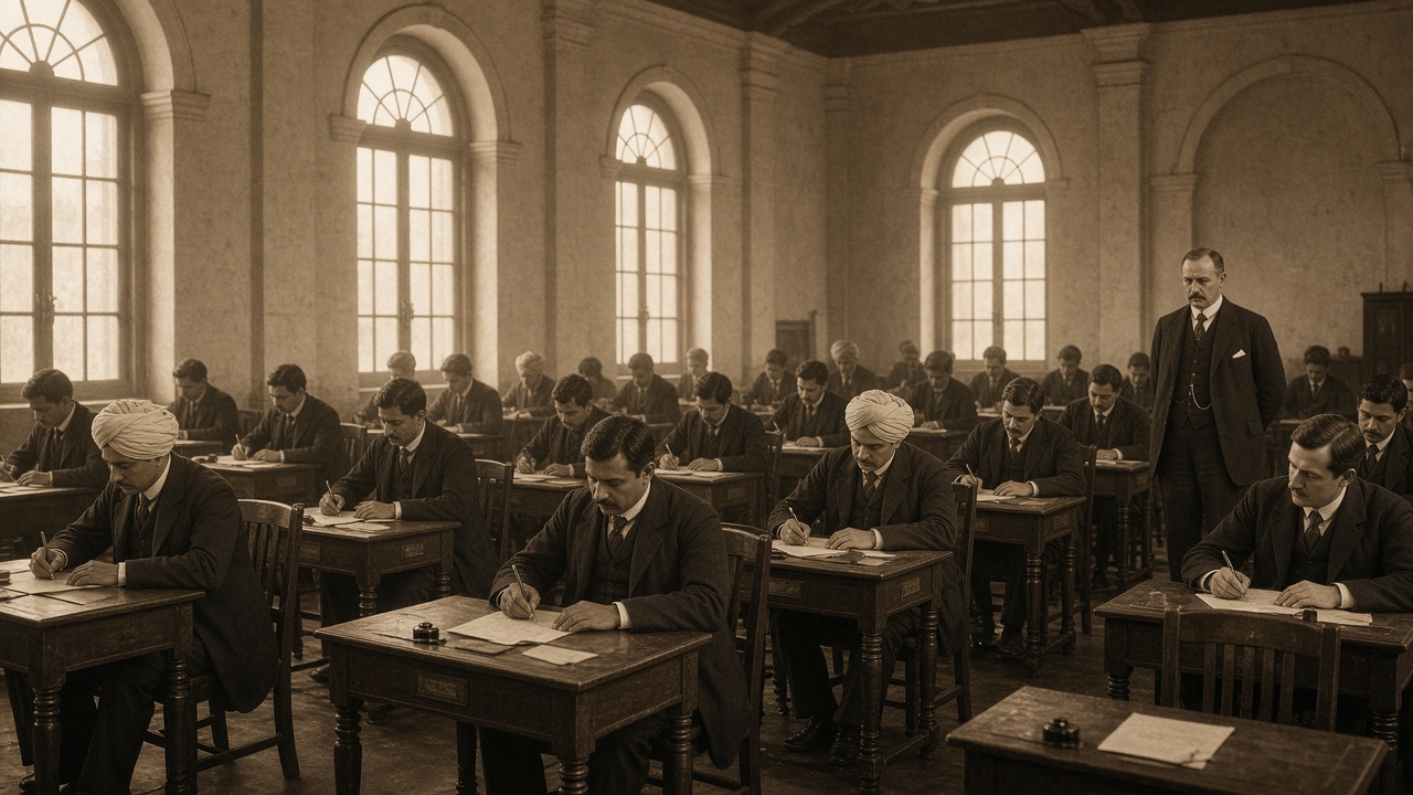 Colonial-era examination hall with Indian and British candidates in suits and turbans writing at wooden desks