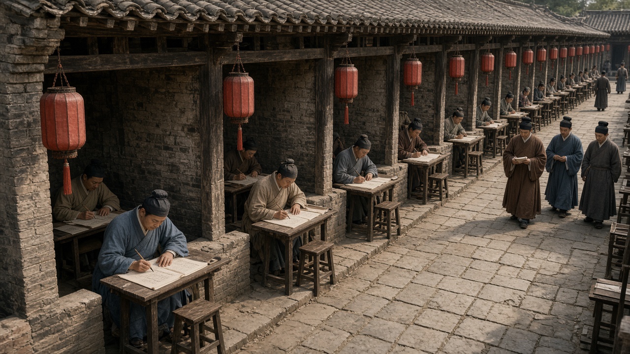 Candidates in traditional robes writing in rows of brick examination cells during China's imperial civil service exam