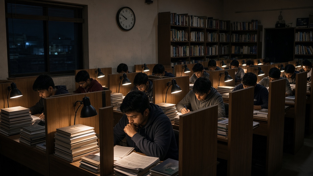 Civil services aspirants studying at partitioned desks with books and desk lamps in a self-study library at night