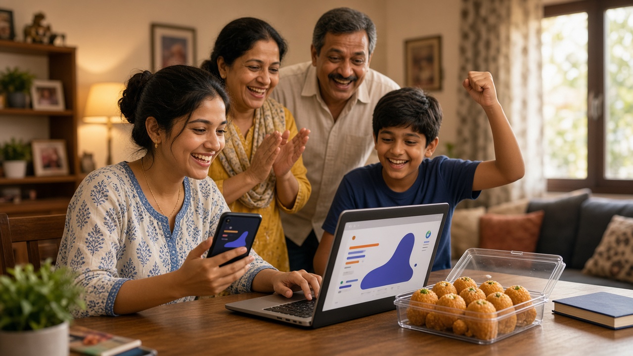 Indian family celebrating as a young woman checks her competitive exam result online with a box of laddoos on the table