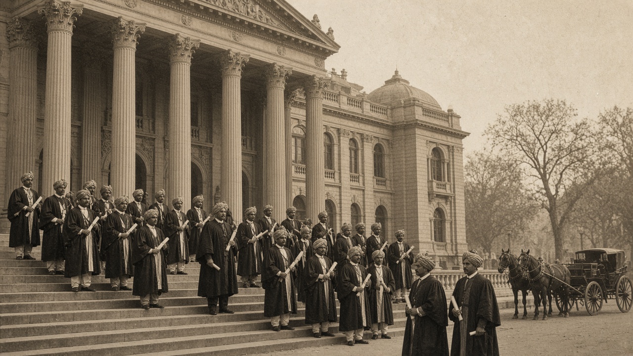 Sepia-toned scene of Indian graduates in black gowns and turbans holding degree scrolls on the steps of a columned colonial university building