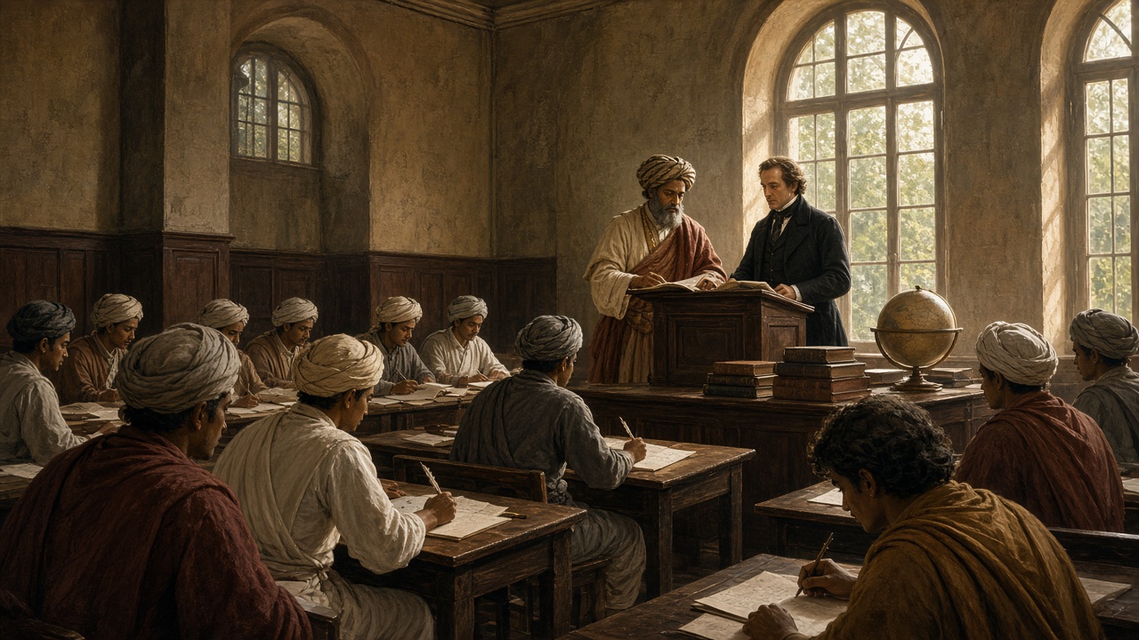 Indian students in turbans and shawls taking notes while an Indian pandit and a British professor teach in a colonial lecture hall