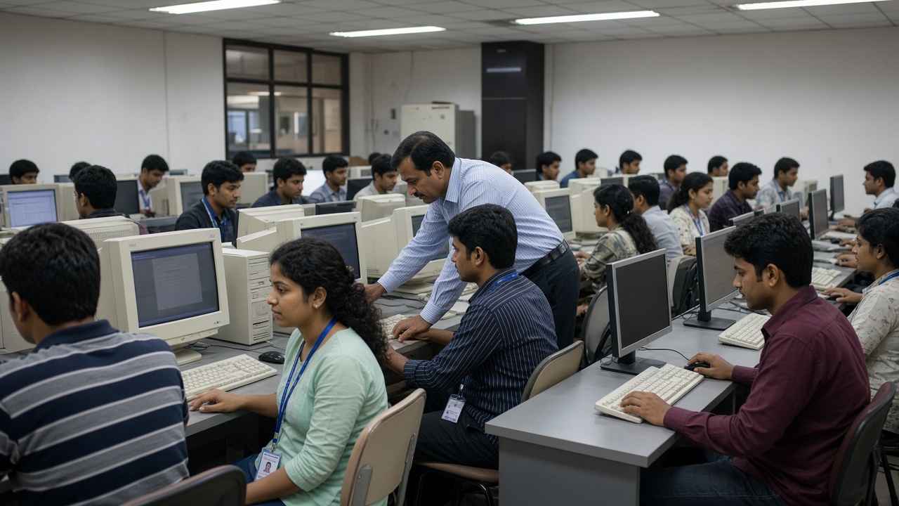 Indian engineering students working on desktop computers while a lecturer helps a student in a crowded college computer lab