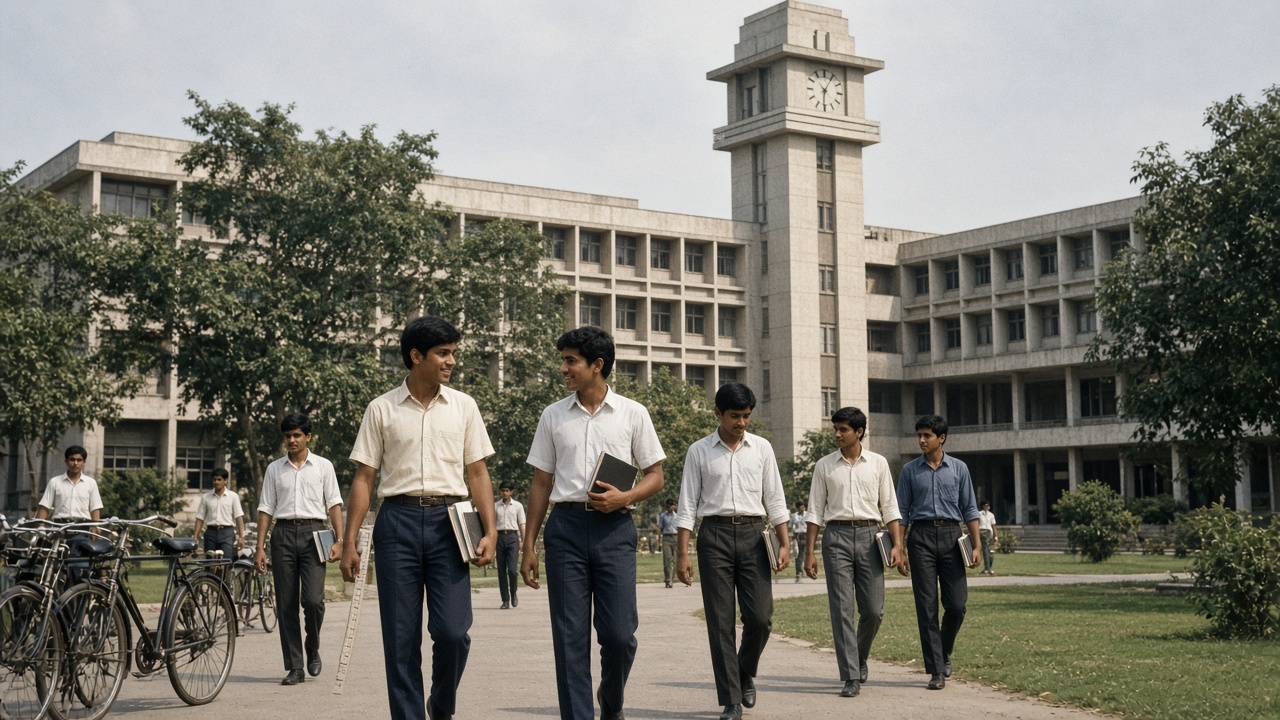 Indian engineering students with books walking in front of a modernist academic building with a clock tower on a 1960s IIT campus