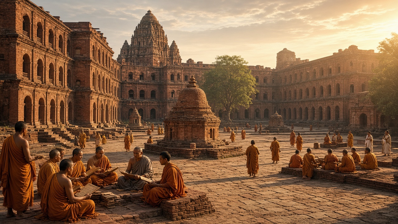 Buddhist monks and scholars debating and reading manuscripts in the red-brick courtyards of ancient Nalanda university