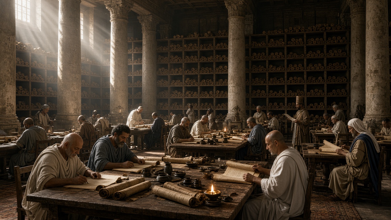 Scholars reading papyrus scrolls under oil lamps among tall shelves in the ancient Library of Alexandria