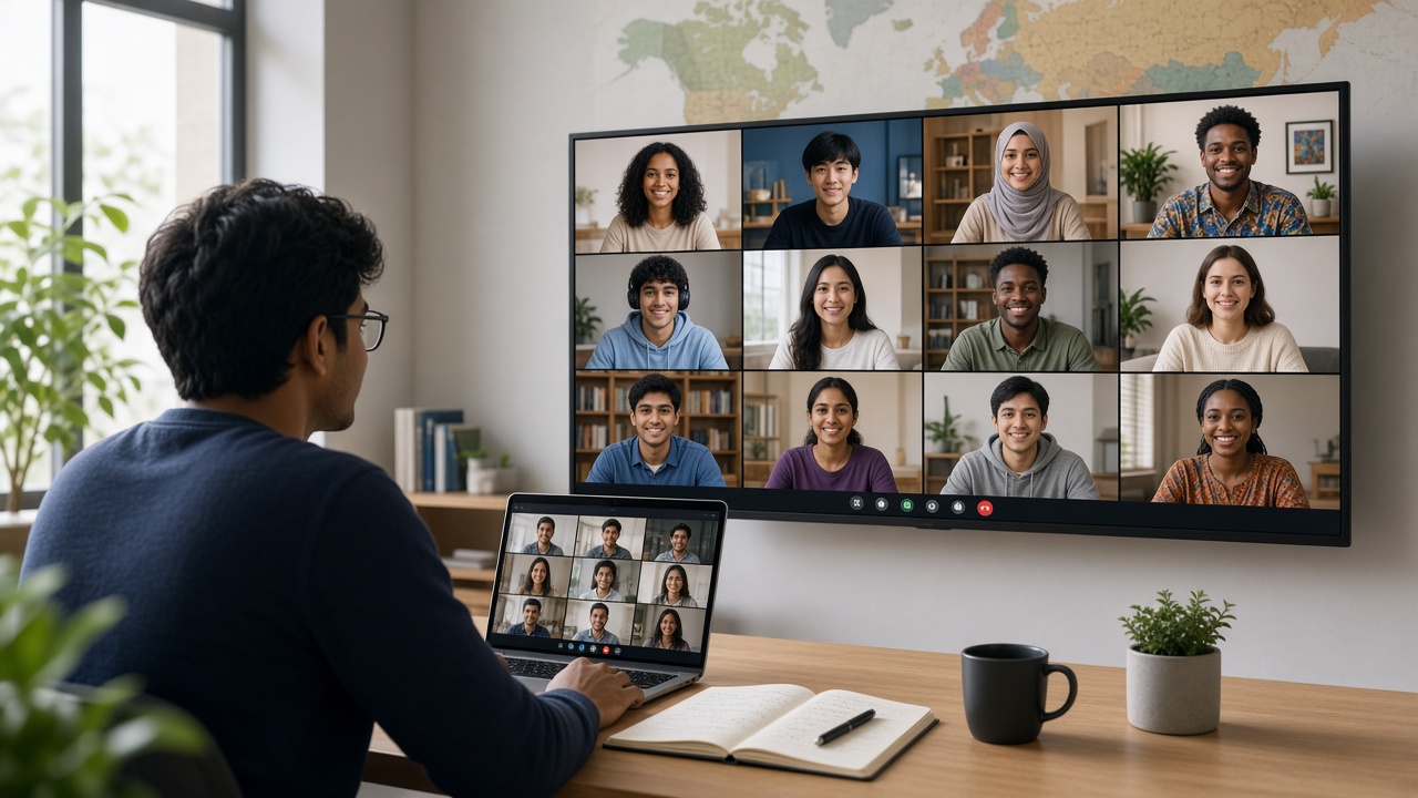 Indian student at home attending a global online video class with a teacher and classmates from many countries on screen
