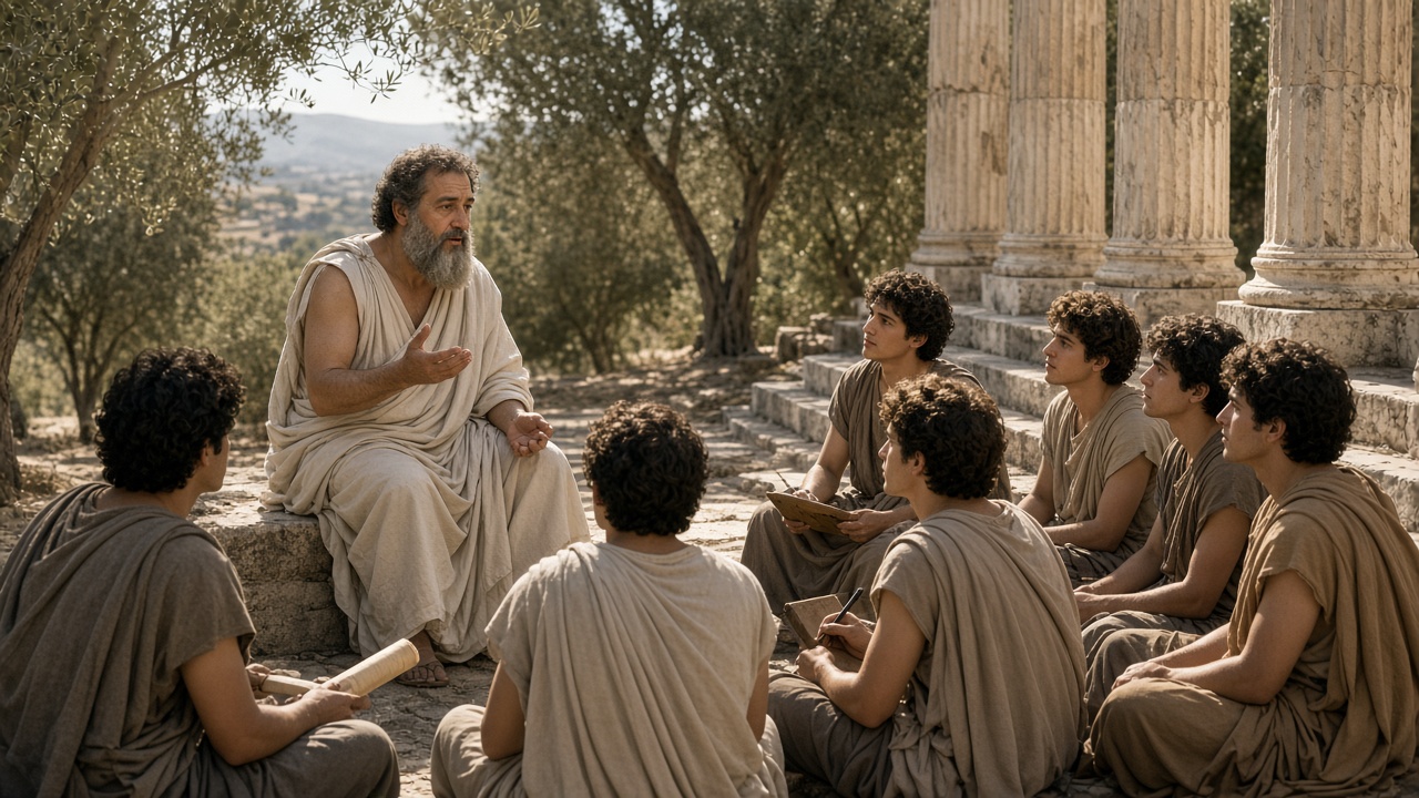 Ancient Greek philosopher teaching students among marble columns and olive trees at Plato's Academy in Athens