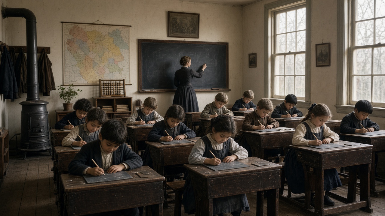 Nineteenth-century schoolroom with rows of children writing on slates at wooden desks while a teacher points to a blackboard