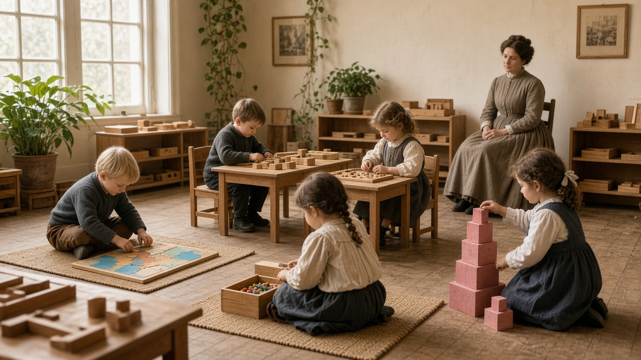 Young children working with wooden learning materials on mats in a bright Montessori-style classroom