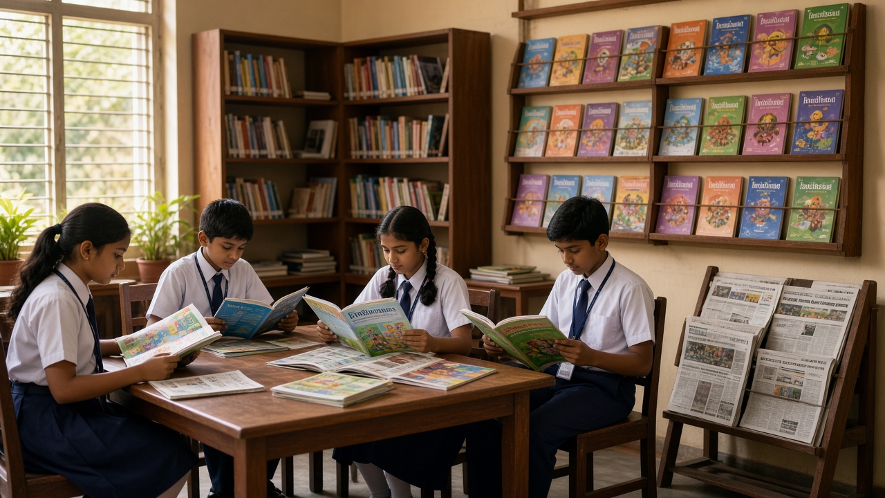 Indian students in uniforms reading education and children's magazines in a school library