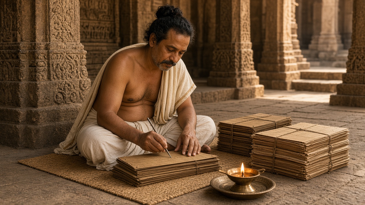 Indian scholar writing on palm-leaf manuscripts with a stylus in a stone temple courtyard