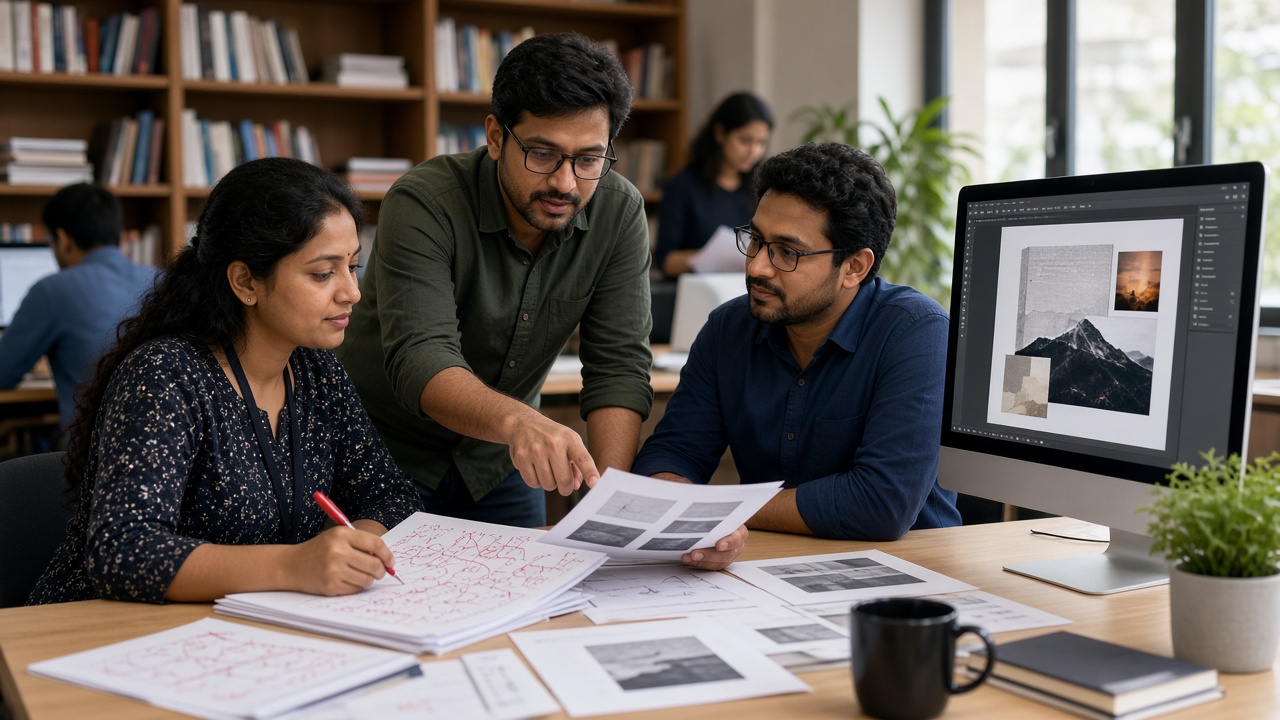 Indian editors and designers reviewing page proofs and a book cover layout in a publishing office