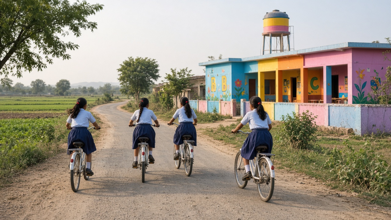 Schoolgirls in uniforms riding bicycles on a village road toward a brightly painted government school in rural India