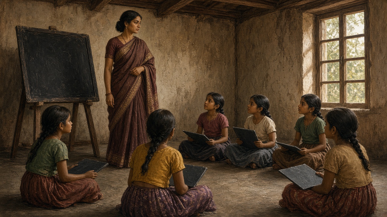 Indian woman teacher in a saree beside a blackboard teaching young girls holding slates in a simple 19th-century schoolroom