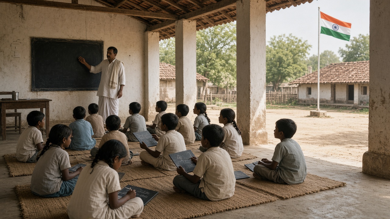 Boys and girls with slates on jute mats in a village school verandah with a teacher at the blackboard and the Indian flag outside