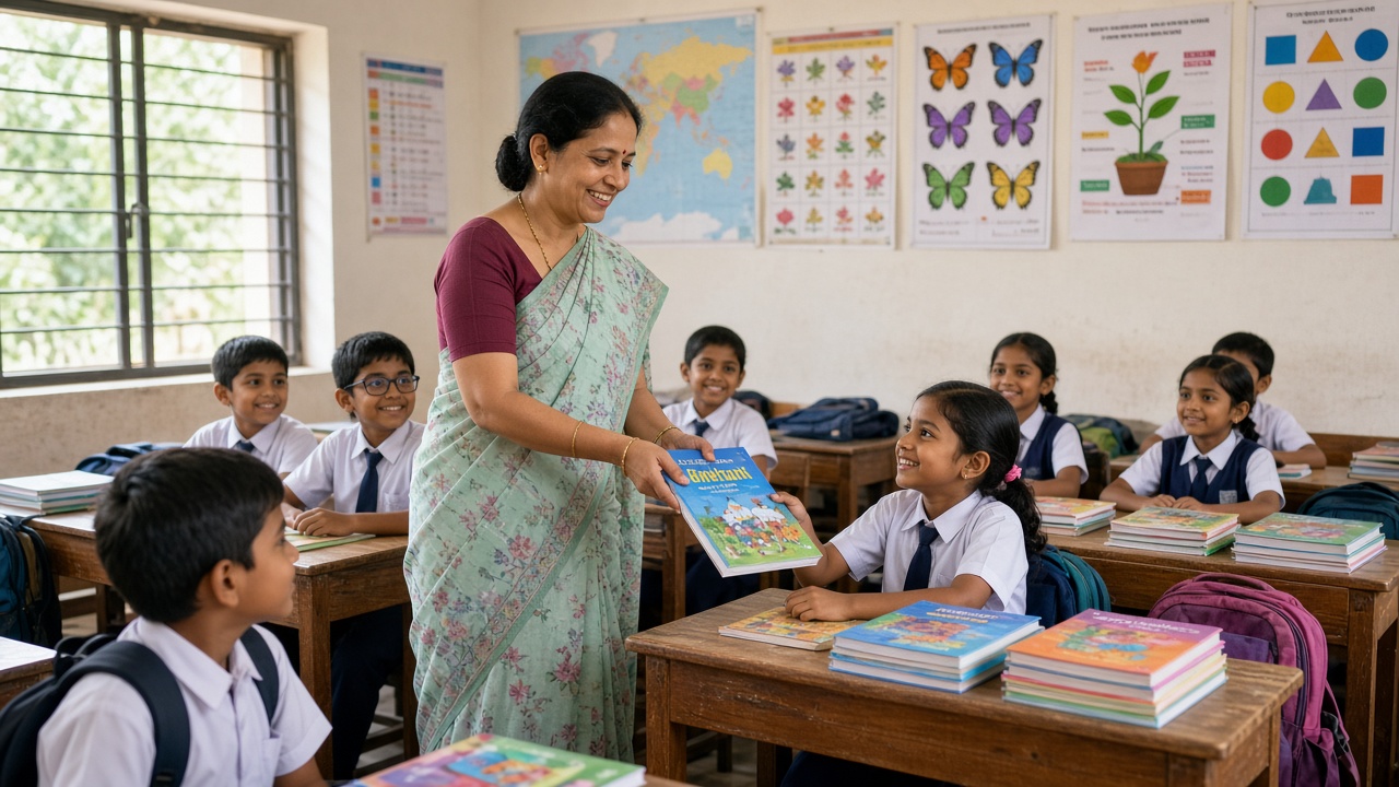 Smiling teacher handing new free textbooks to children in uniforms at wooden benches in a government school classroom