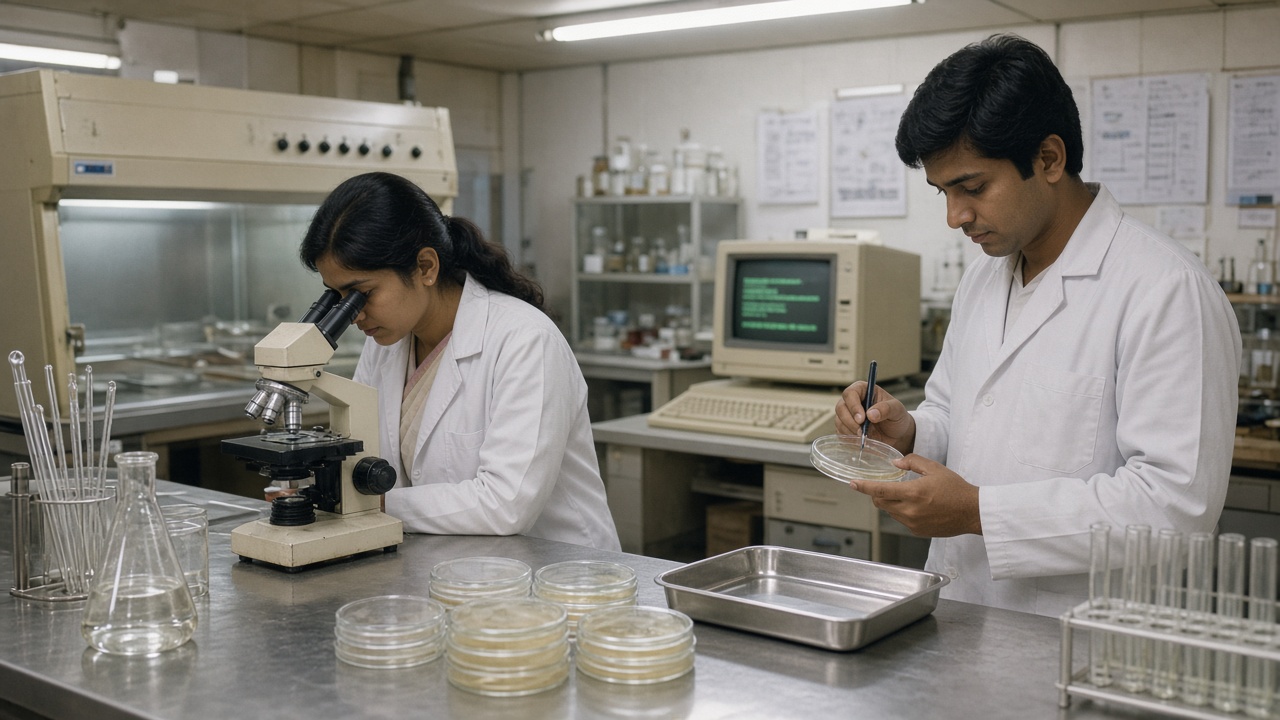 1980s biotechnology laboratory where a woman researcher in a lab coat looks through a microscope and a male colleague labels petri dishes, with glass pipettes and flasks on a steel bench, a laminar flow cabinet, and a beige desktop computer with a green screen