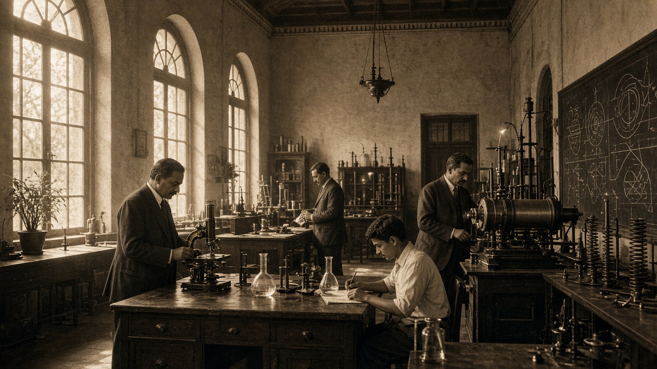 Sepia 1930s colonial-era laboratory with tall arched windows where Indian scientists in suits work at wooden benches with brass microscopes, glass flasks, and a large spectrograph, while a young assistant writes notes and a blackboard shows chalk diagrams