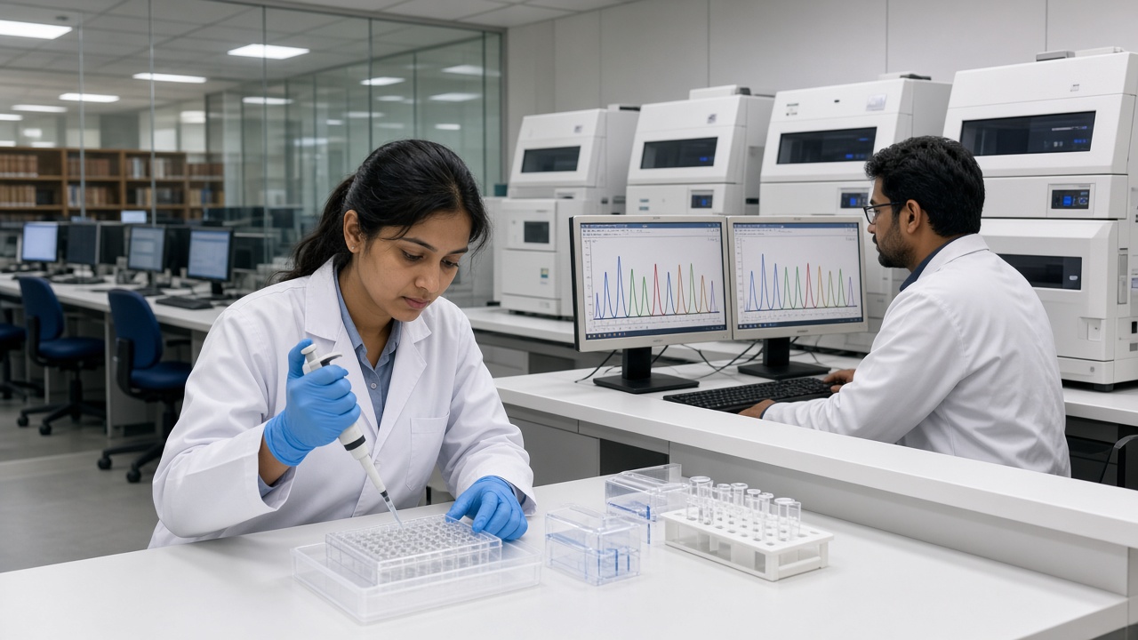 2000s genomics laboratory with a woman researcher in a lab coat and blue gloves pipetting samples into a tray beside a row of white DNA sequencing machines, and a male colleague studying colourful DNA peak graphs on flat monitors