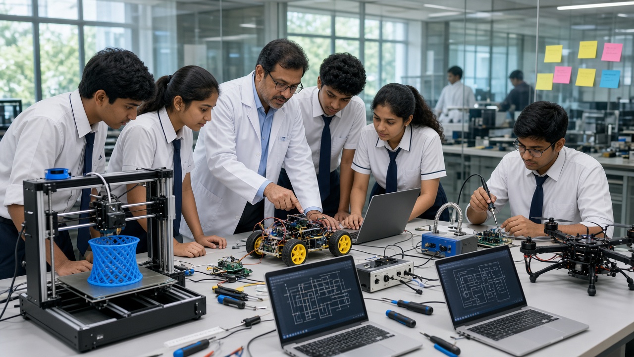 Bright university innovation lab where school students in uniforms and a mentor in a lab coat work on a small robot car, a drone, and a 3D printer printing a blue part, with laptops showing circuit diagrams, a soldering station, and sticky notes on a glass wall