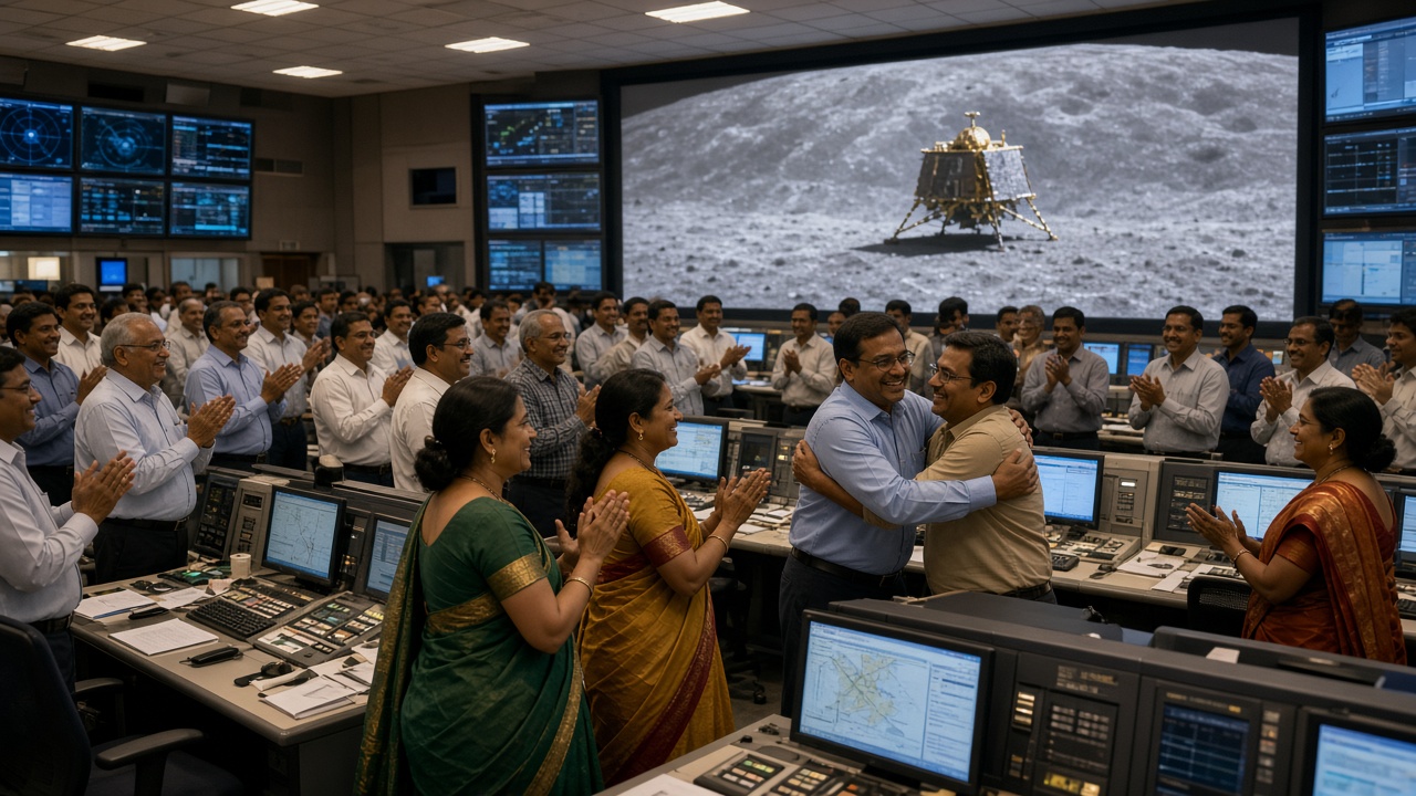 Indian space mission control room with rows of scientists and engineers in formal shirts and saris standing, clapping, and hugging in front of consoles as a giant screen shows a lander on the grey lunar surface