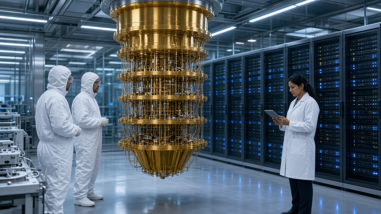 Advanced clean-room research facility with a gleaming golden multi-tiered quantum computer cryostat, two researchers in white clean-room suits, a woman scientist in a lab coat checking a tablet, and rows of blue-lit supercomputer racks