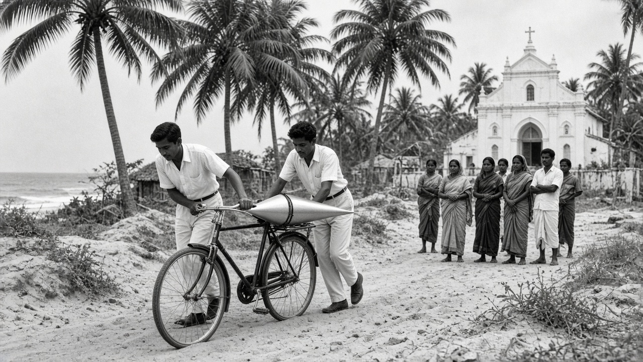 Black-and-white 1960s scene on a sandy coastal path in a Kerala fishing village where two young engineers in white shirts push a bicycle carrying a slim metal rocket nose cone, with coconut palms, a white church, and curious villagers watching