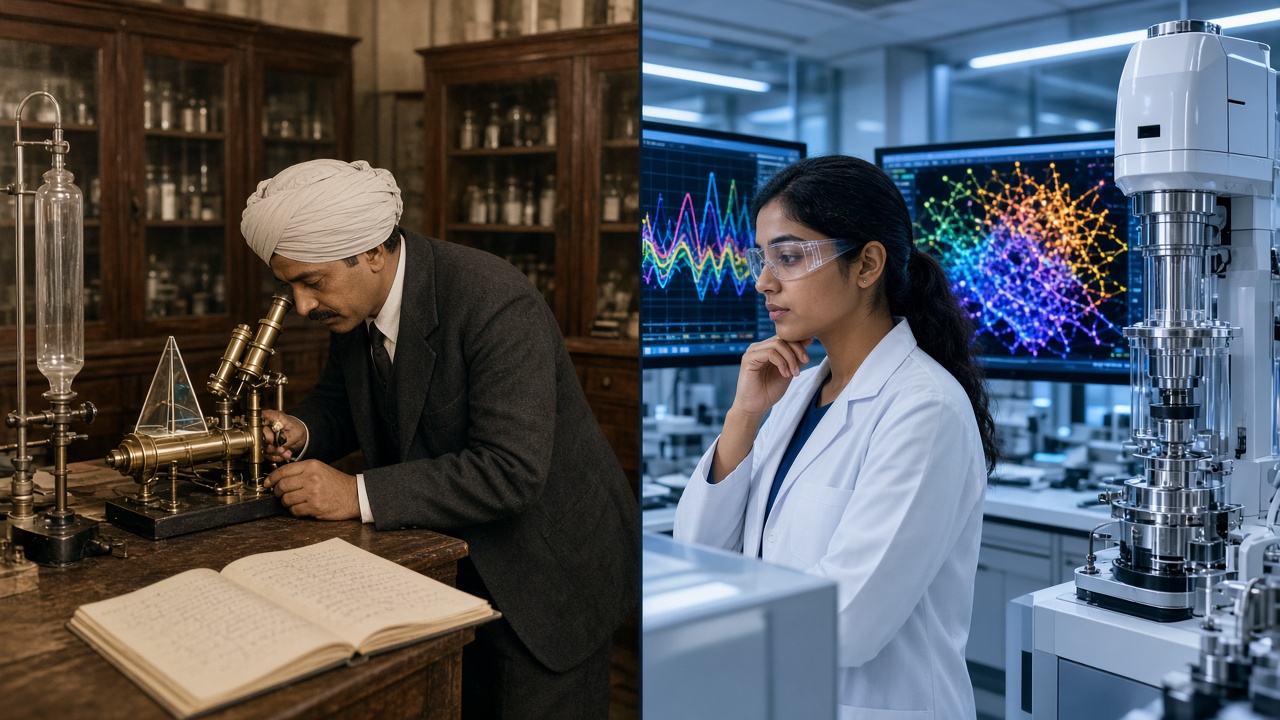 Split image with an Indian scientist in a dark suit and turban examining a brass spectroscope beside a glass prism and handwritten notebook in a sepia 1920s laboratory on the left, and a young woman scientist in a lab coat and safety glasses studying colourful data on large monitors beside a modern instrument on the right