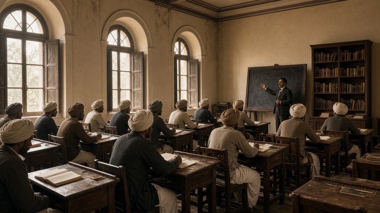 Colonial-era Indian college classroom with students in turbans at wooden desks and a teacher at a blackboard
