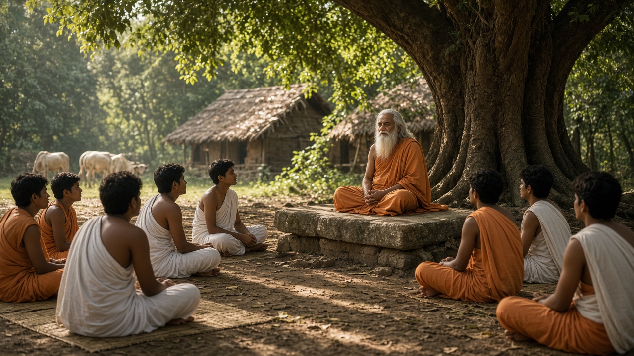 Ancient Indian gurukul with a guru teaching students seated under a large tree in a forest ashram