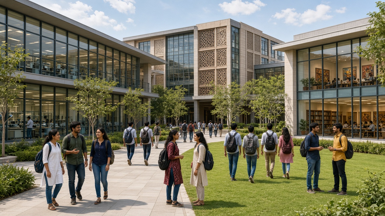 Students walking across a modern multidisciplinary Indian university campus with labs, studios, and a library