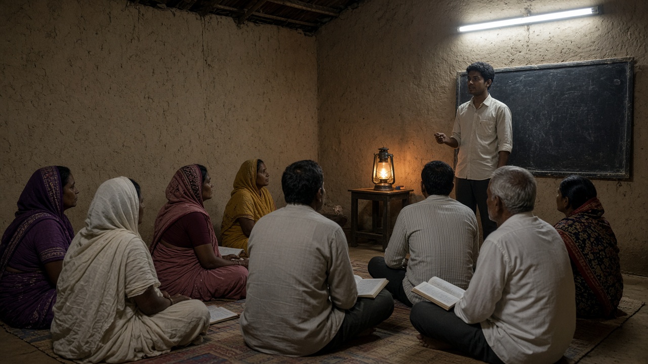Adult literacy evening class in a rural Indian village with learners on mats and a volunteer teacher at a blackboard