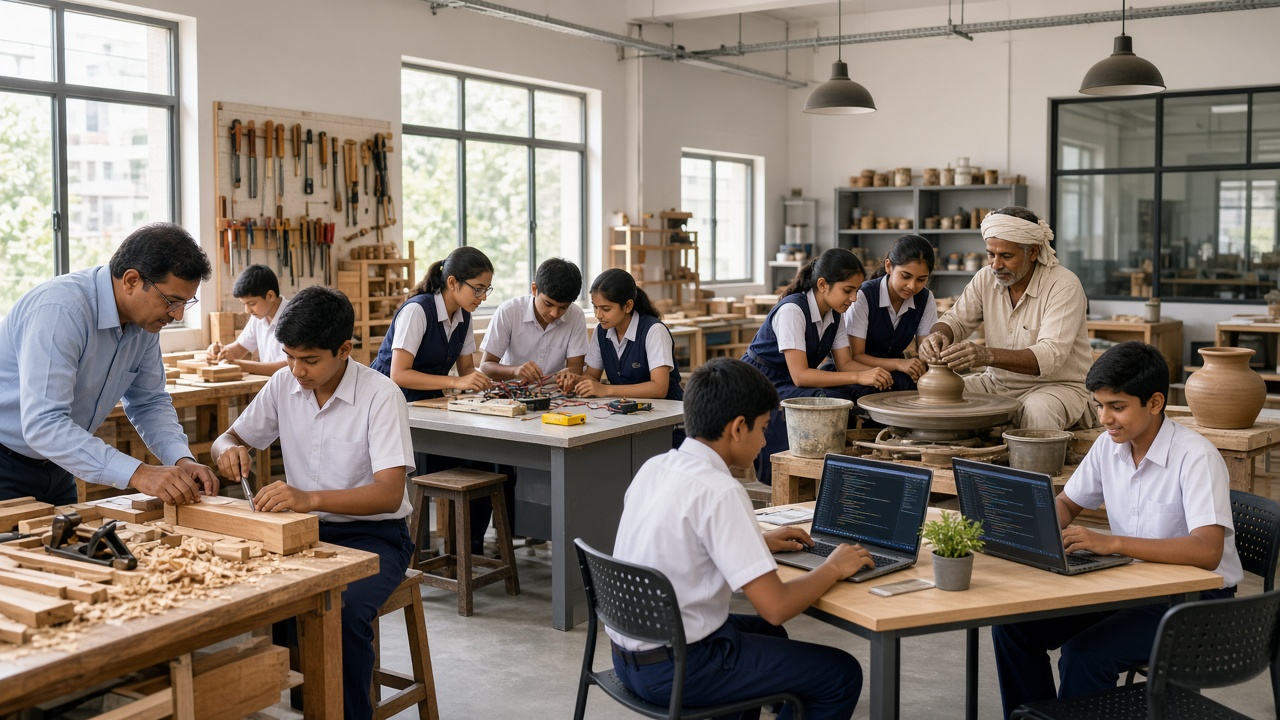 Indian school students learning carpentry, electronics, pottery, and coding in a vocational skills lab