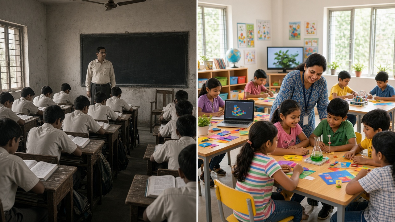 Split image comparing an old rote-learning Indian classroom with a modern activity-based NEP classroom