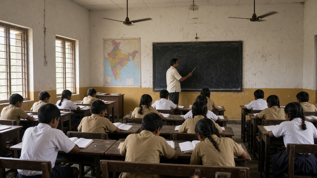 Indian government school classroom of the 1960s with students in uniforms and a map of India on the wall