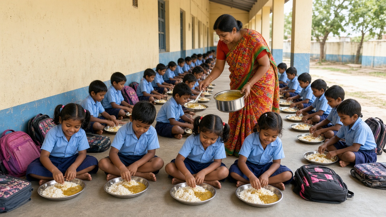 Children in uniforms eating a hot mid-day meal on the verandah of an Indian government primary school