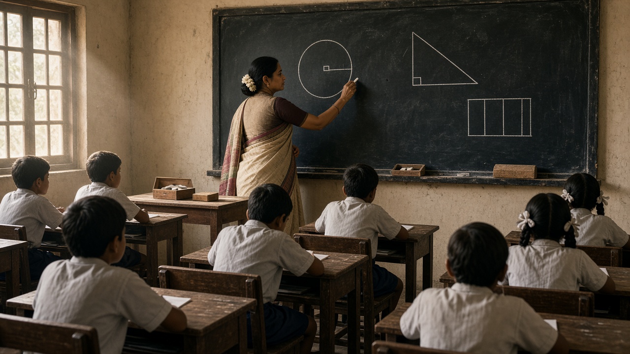 Indian teacher in a saree drawing geometry diagrams with chalk on a blackboard in a vintage classroom