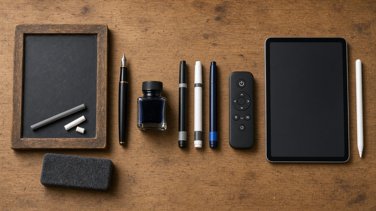 Classroom tools side by side: slate with slate pencil and chalk, duster, fountain pen and ink, whiteboard markers, projector remote, and tablet with stylus