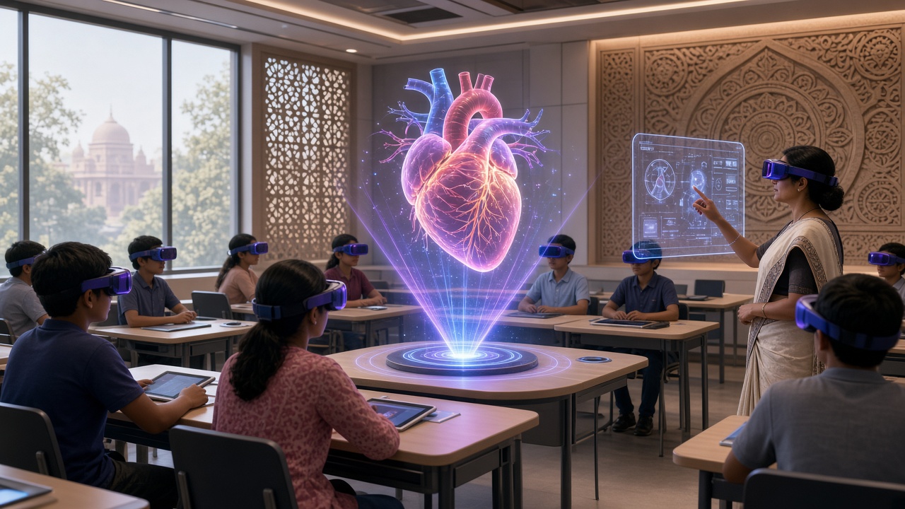 Futuristic Indian classroom where students in VR headsets study a holographic heart model guided by a teacher