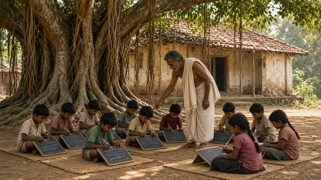 Village children under a banyan tree writing on black slates with slate pencils while a teacher guides them